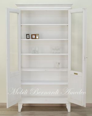 Vetrina in legno stile country finitura bianco anticato con 2 ante a vetro